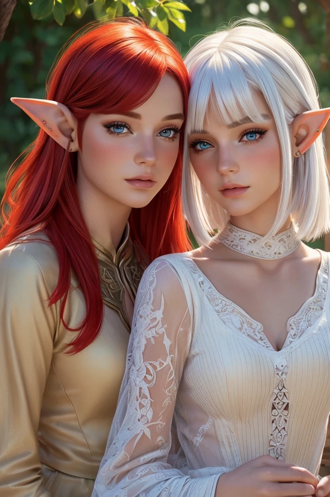 (high quality, detailed, vivid colors:1.2),(realistic,photorealistic,photo-realistic:1.37),portraits,two elf girls, elf sisters,red hair,white hair,short haircut,long haircut