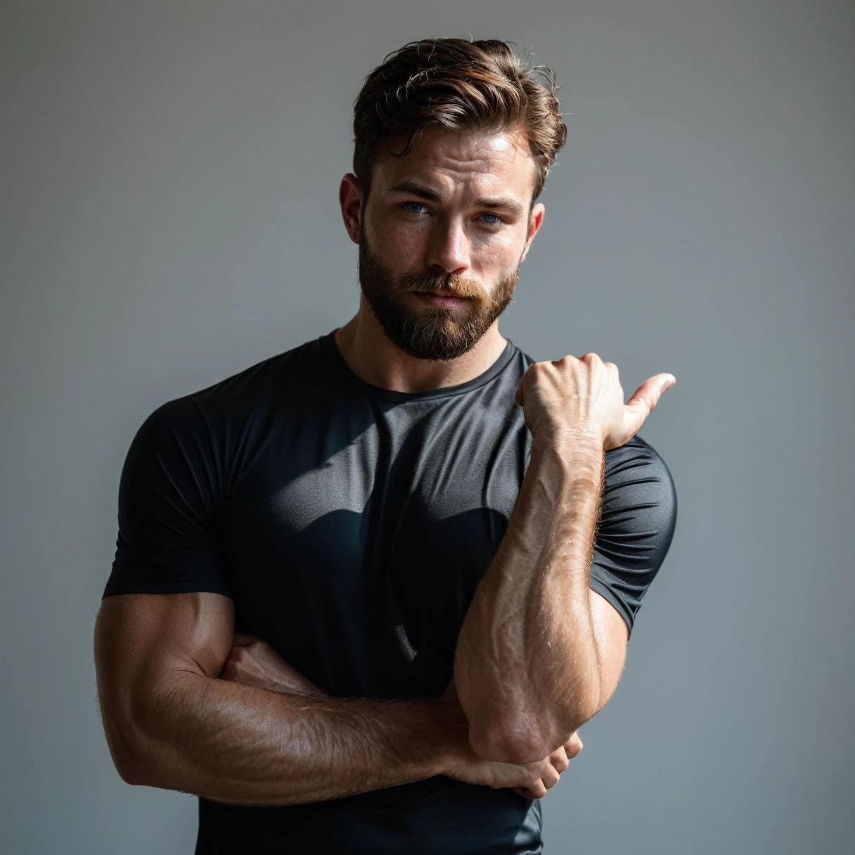 RAW-Foto, Close-up full body portrait of handsome man with beard in black sportswear, long t-shirt over the stomach, he shows his muscles in a bodybuilding pose, he stands in a bright room, detailed face, blue eyes, (highly detailed skin:1.2), 8K  UHD, dslr, soft lighting, good quality, film grain, Fujifilm XT3 dappled light on the face, pale skin, Hautporen, oiled, shiny skin, skin blemishes, impure skin, complicated skin details, visible skin detail, detailed skin structure, Blush, folds, Vitiligo spots, moles, Blackheads, Blackheads, white pimples, red pimples, Schönheitsfleck, Hautflaum, [[[[[freckles]]]]] (perfect eyes), ((perfect hands with four fingers and one thumb each))