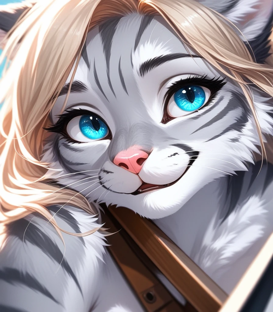 check_9,check_8_up,check_7_up, source_fluffy, Catboat, Anthro fluffy feline girl, Adult woman, Blue eyes, blonde hair, silver fur, gray stripes, pink nose, :3, naked, on her back, gasped, close up, portrait