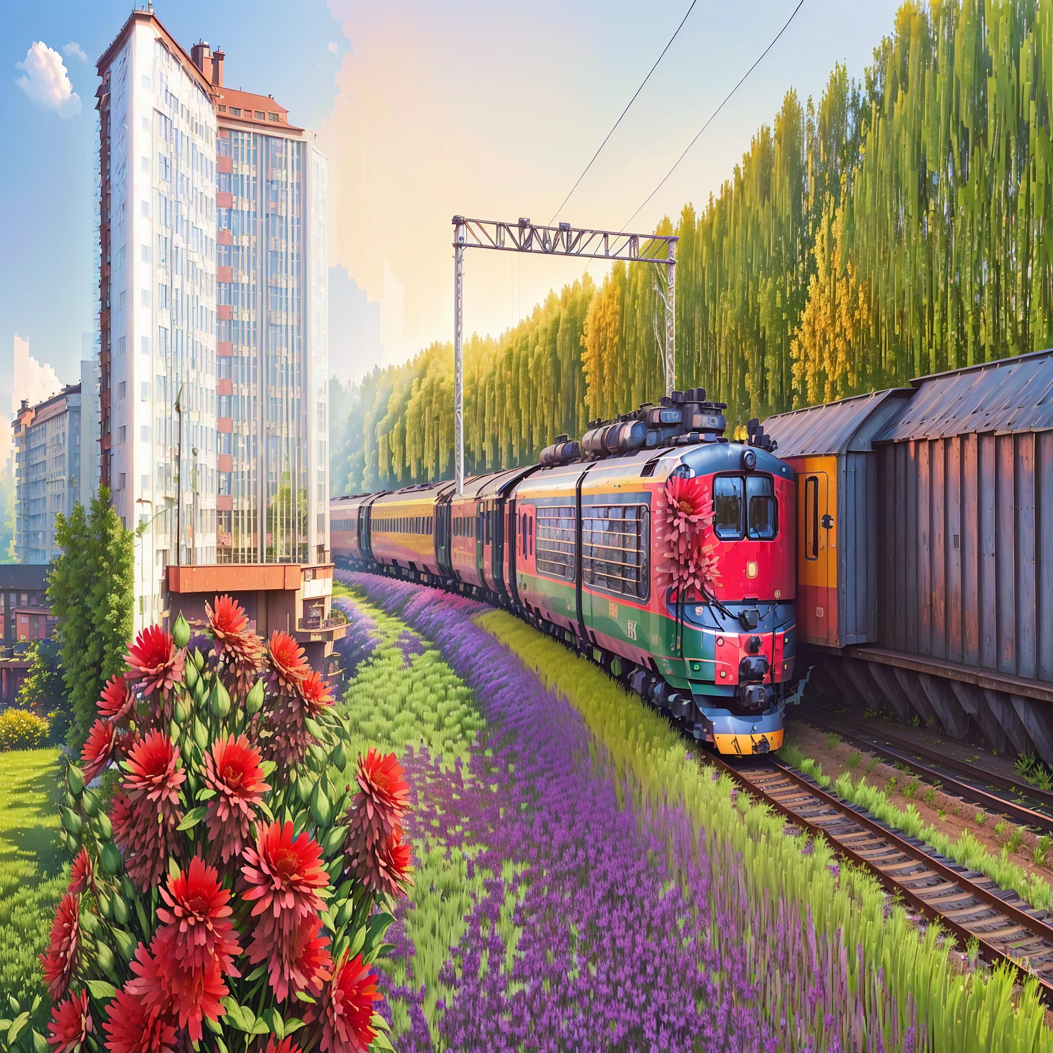 there is a 火車 that is going down the tracks with flowers in front of it, 火車, 美麗的高解析度, 春天的早晨, 以花田為前景, 未來美麗的俄羅斯, 火車s in the background, 作者：伊戈爾·格拉巴爾, 夏天的早晨, 美麗的風景, 高品質照片, 鐵路, 火車 station in summer, 夏季環境, 令人難以置信的美麗, 鬱鬱蔥蔥的風景