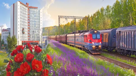 there is a train that is going down the tracks with flowers in front of it, train, beautiful high resolution, springtime morning...