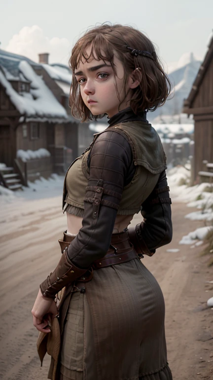 8k, Maisie Williams face, pale skin, toned abs, small breast, round ass, her round ass visible, brown hair, Maisie Williams as Arya Stark, torn ragged peasant clothes, standing stance, winterfell in background, back view 