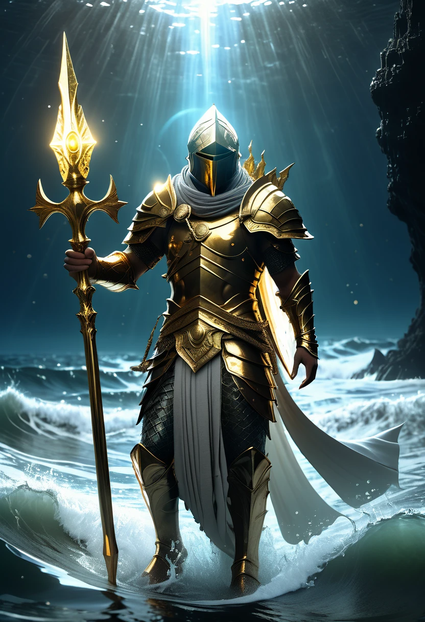 Atlantean warriors, Hedra, emerges as a luminary from the depths of the ocean. He is carrying a white sceptre, a golden sceptre, a golden key for access to the astral plane of infinity.  4k highly detailed cinematic moody dark souls cinematic photo. golden ratio intricate details. hyperdetail.  --ar 21:9