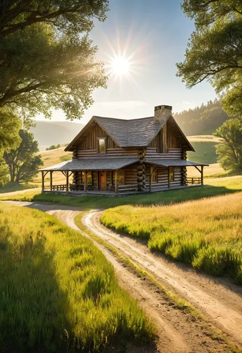 a rustic log cabin, nestled amidst rolling hills and a sprawling meadow, evokes a sense of peaceful solitude. the sun casts long...