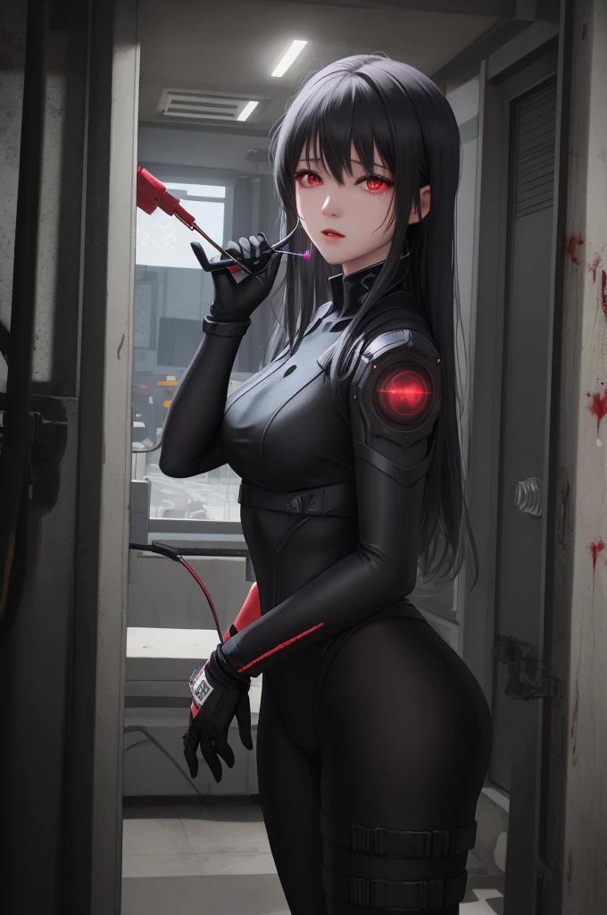 Black，Chiaroscuro, Ray Tracing, light, Cowboy shooting, 8K, Yes, Super Detail, precise, best quality, Award-winning, Award-winning, A High resolution, masterpiece, High Detail，guweiz on artstation pixiv, Hot topics on artstation pixiv, 详细的number概念艺术, author：Yang Jie, 2. 5D CGI Anime Fantasy Artwork，Ultra HD，8K ，Realistic skin texture，Chiaroscuro, Ray Tracing, light, 8K, Yes, Super Detail, precise, best quality, Award-winning, Award-winning, A High resolution, masterpiece, High Detail，In the snow，Clear，masterpiece， best quality， 8K， number， 1 girl， alone， stand up， Hair accessories， Red eyes， Heartless expression， Bloodstained Mechanical Parts， electric wire， cable， Failure Effect， scary， Science fiction， Futuristic， The background is darker， Neon， Cyberpunk Characters， Surreal， Strange， Disturbing， Chills on the spine， scary， Western Metal，Red eyes，发Black，Black色長手套，Jumpsuits，leggings，Highlight her graceful figure,将整个身体包裹stand up，Symbiote，（（Sexy bulge）），Rompers，Red eyes，Venom Possession，发Black，Black色長手套，Jumpsuits，Black色一件，Blood-red eyes，best quality, High resolution, Super detailed, Vivid textures, mask, Bangs，wear socks，tears，被Black色粘液覆盖
