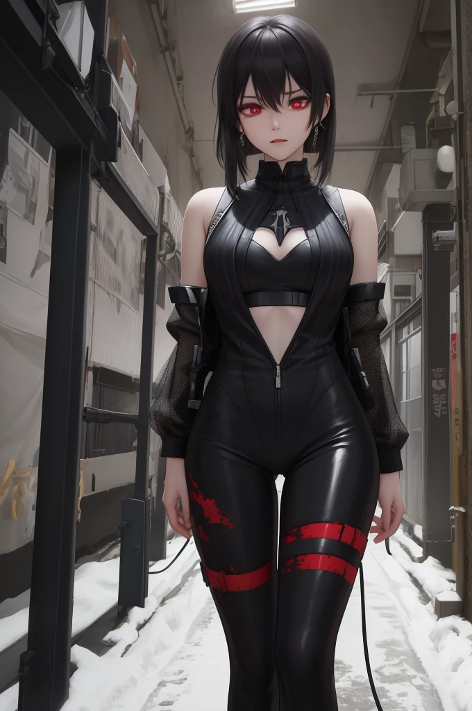 Black，clair obscur, Ray Tracing, light, Cowboy shooting, 8k, Yes, Super Detail, precise, best quality, Award-winning, Award-winning, A High resolution, masterpiece, High Detail，Guweiz on Artstation Pixiv, Hot topics on artstation pixiv, Detailed number concept art, author：Yang Jie, 2. 5D CGI Anime Fantasy Artwork，ultra HD，8k ，Realistic skin texture，clair obscur, Ray Tracing, light, 8k, Yes, Super Detail, precise, best quality, Award-winning, Award-winning, A High resolution, masterpiece, High Detail，In the snow，Clear，masterpiece， best quality， 8k， number， 1 girl， alone， stand up， Hair accessories， Red eyes， Heartless expression， Bloodstained Mechanical Parts， electric wire， cable， Failure Effect， scary， Science fiction， futuristic， The background is darker， Neon， Cyberpunk characters， surreal， strange， Disturbing， Chills on the spine， scary， Western Metal，Red eyes，发Black，Black long gloves，Jumpsuits，leggings，Highlight her graceful figure,Wrap your whole body and stand up，Symbiote，（（Sexy bulge）），Rompers，Red eyes，Venom Possession，发Black，Black long gloves，Jumpsuits，Black one piece，Blood-red eyes，best quality, High resolution, Super detailed, Vivid textures, mask, bangs，wear socks，tears，Covered with Black slime
