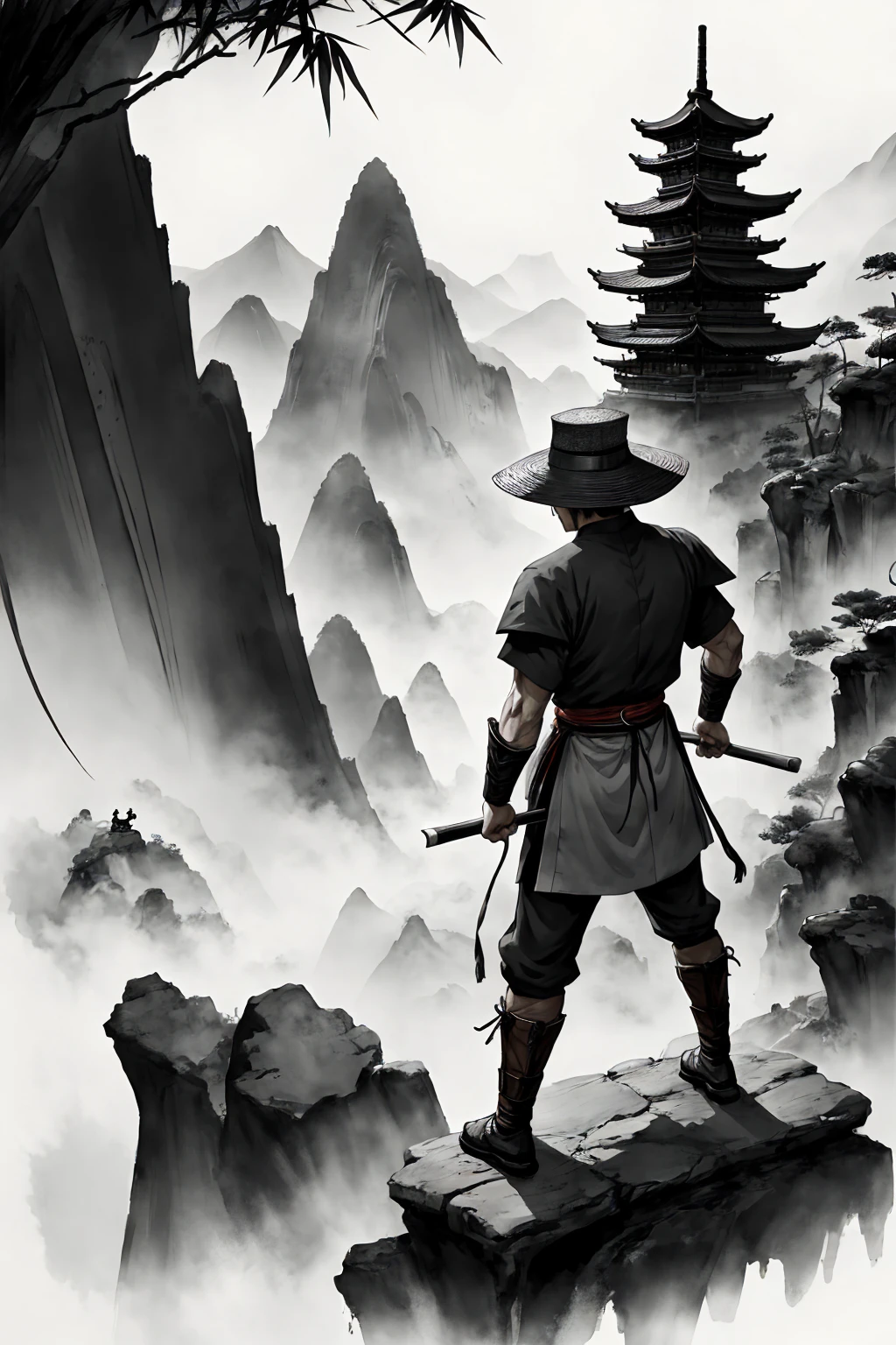 Draw a card, a martial arts hero wearing a bamboo hat, standing on a high platform with his back to someone. Surrounded by steep peaks. The painting style adopts Chinese ink wash style, with black and white as the main color tone.