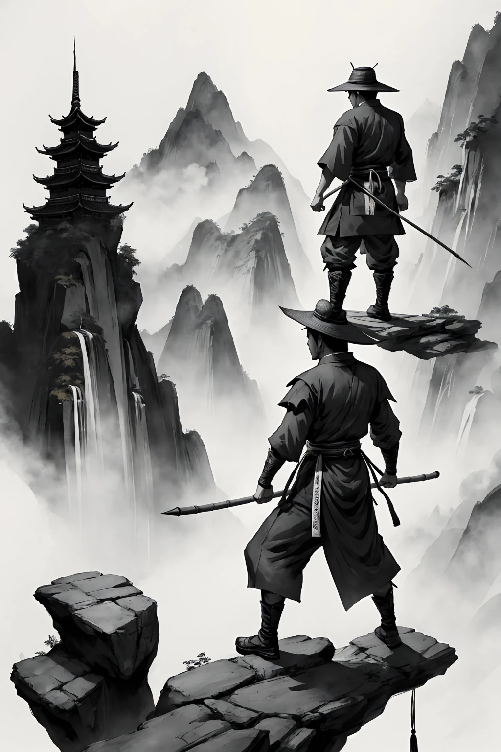 Draw a card, a martial arts hero wearing a bamboo hat with a pointed top. The hero stood on a high platform, with his back to the person. Surrounded by steep peaks. The painting style adopts Chinese ink wash style, with black and white as the main color tone.