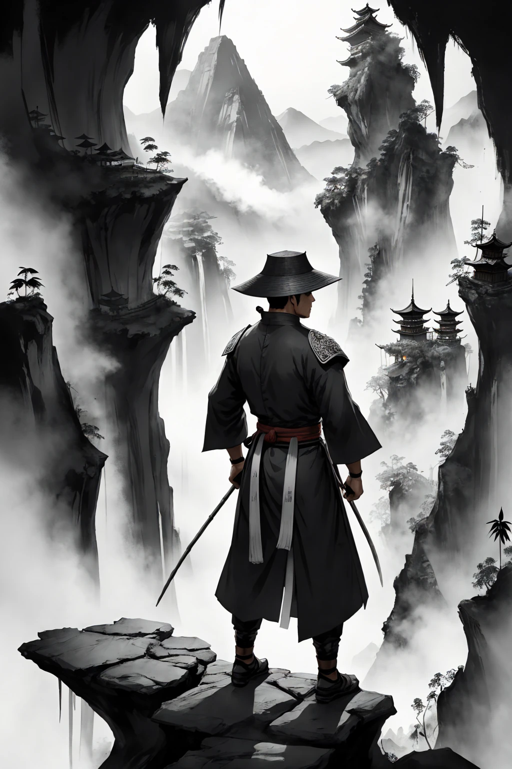 Draw a card, a martial arts hero wearing a bamboo hat with a pointed top. The hero stood on a high platform, with his back to the person. Surrounded by steep peaks. The painting style adopts Chinese ink wash style, with black and white as the main color tone.