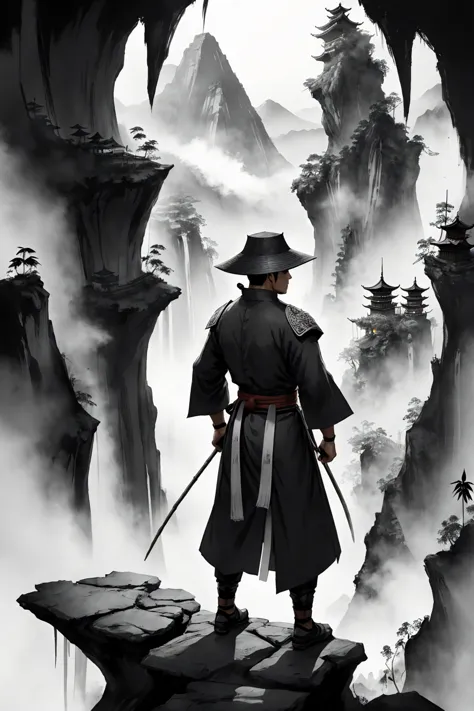 Draw a card, a martial arts hero wearing a bamboo hat with a pointed top. The hero stood on a high platform, with his back to th...
