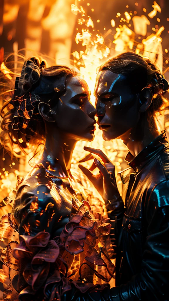 masterpiece，best quality，Extremely detailed，high resolution，1 romantic couple，Flame，Dynamic Scene Scale 1.3，Romantic couple kissing in the fire，Firestorm，on fire，Bizarre fantasy image，Excellent skin texture，Magic Circle，Casting a Spell，strange，Purple strength，strength，fiery，Meteor。