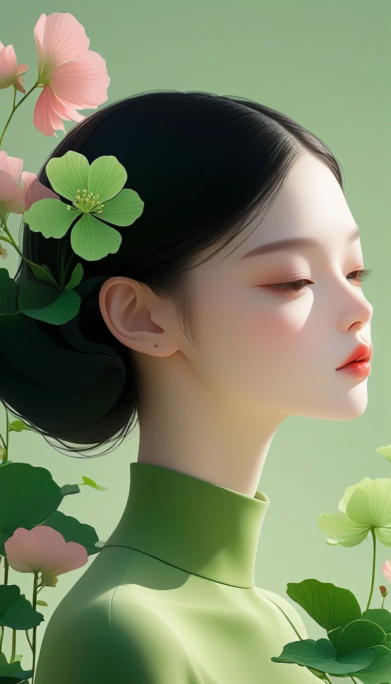 uma ilustração vetorial 3D minimalista de uma garota bonita com cabelo preto e flores de begônia, arte digital abstrata com um tom verde, concepção artística, (melhor qualidade,4K,8K,alta resolução,obra de arte:1.2),Ultra-detalhado,(realista,photorealista,photo-realista:1.37),HDR,Ultra HD,iluminação de estúdio,pintura ultrafina,foco nitído,renderização baseada fisicamente,descrição detalhada extrema,profissional,cores vivas,Bokeh