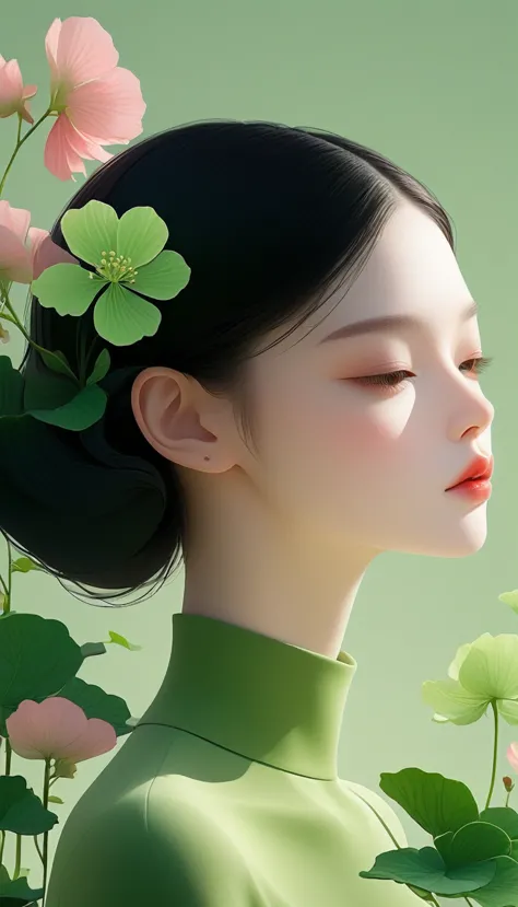 a minimalist 3D vector illustration of a pretty girl with black hair and begonia flowers, abstract digital art with a green tint...
