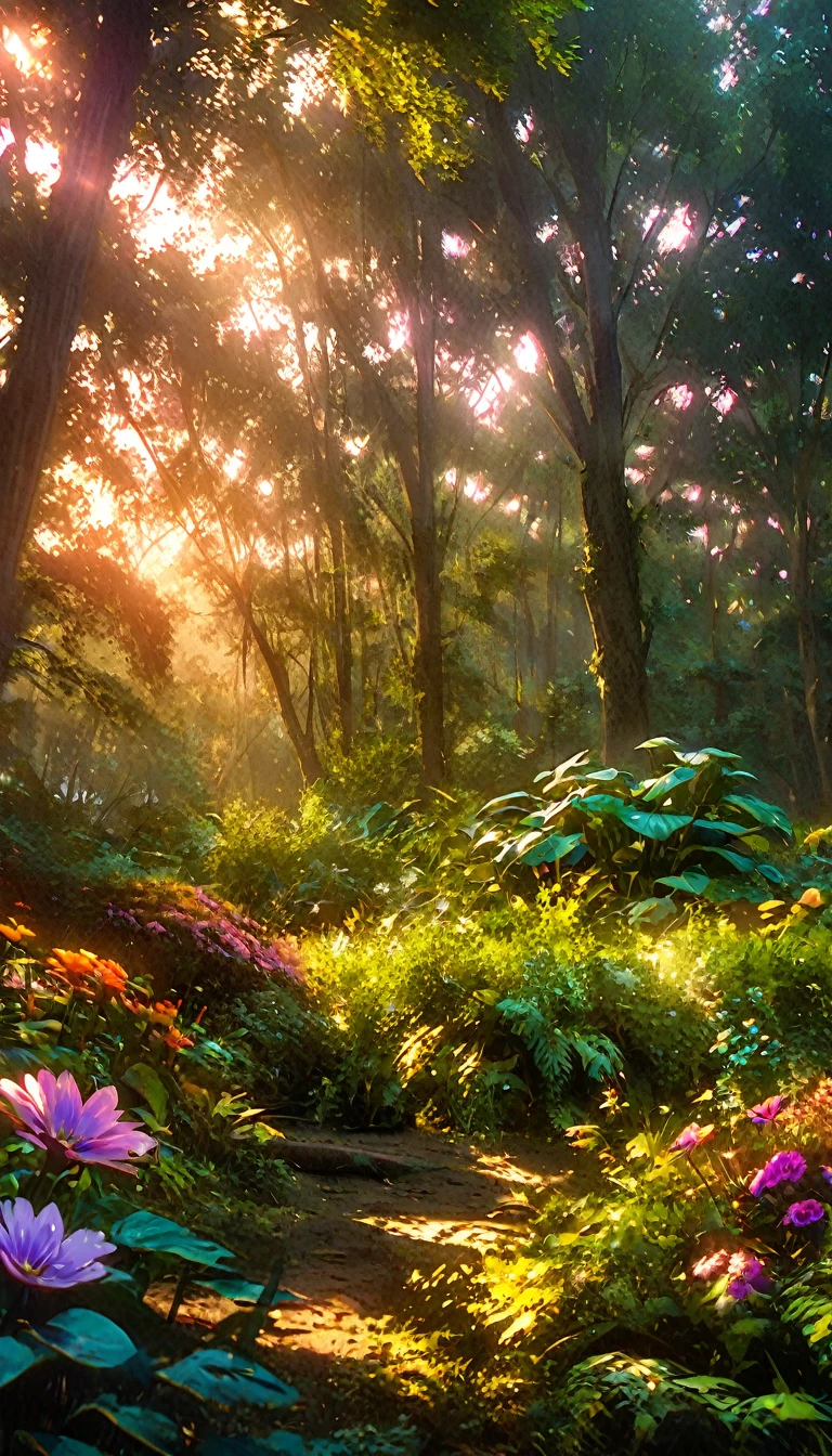 Beautiful forest at dawn, Idyllic, magic, majestic, Epic Lighting, Dense foliage, Colorful flowers, Sunlight, Reality, Movie, Warm colors, Dramatic Lighting, Intricate details