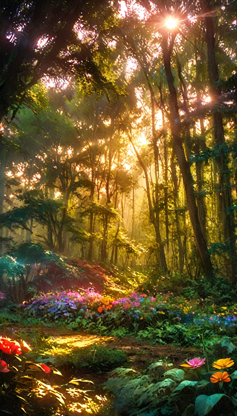 Hermoso bosque al amanecer, idílico, magia, majestuoso, iluminación épica, follaje denso, Flores coloridas, luz de sol, realidad, película, Colores cálidos, iluminación dramática, detalles intrincados