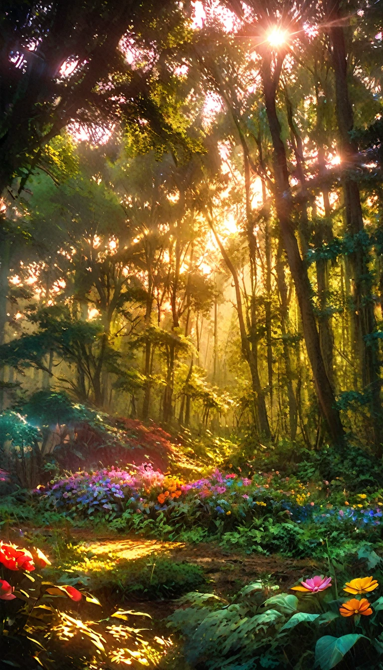 Schöner Wald im Morgengrauen, Idyllic, Magie, majestätisch, episches Licht, dichtes Laub, Farbenfrohe Blumen, Sonnenlicht, Wirklichkeit, Film, warme Farben, dramatische Beleuchtung, komplizierte Details