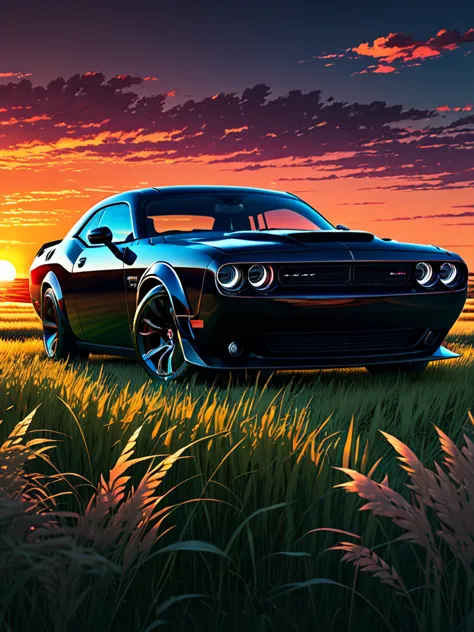 anime landscape of A pearl black classic Dodge Challenger SRT Demon sits in a field of tall grass with a sunset in the backgroun...