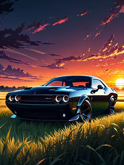 anime landscape of A pearl black classic Dodge Challenger SRT Demon sits in a field of tall grass with a sunset in the backgroun...