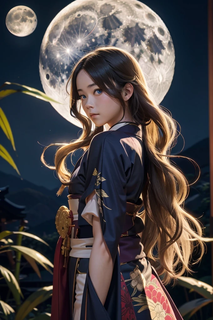 the character wears a traditional kimono, a full moon behind her, and her arms are out to her sides, 1girl, moon, solo, night, long hair, full moon, blue eyes, bamboo, looking at viewer, japanese clothes, blonde hair