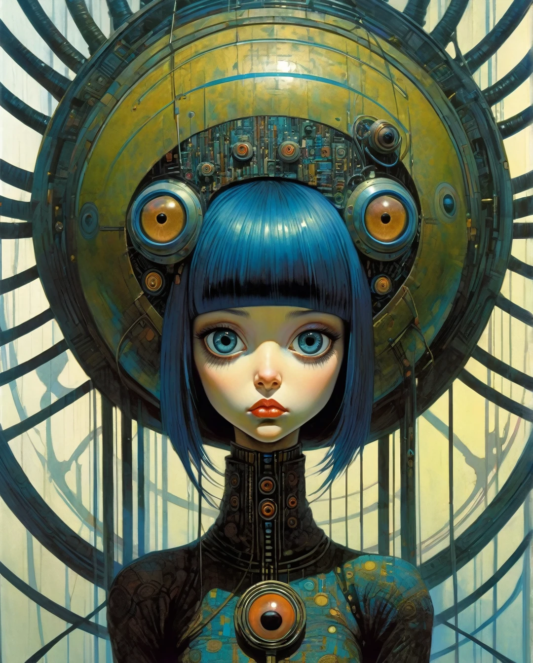 sci-fi , Ricardo Bofill, retrofuturism, Margaret Keane, 1980's Sci-Fi parody movie still portraiture photography, indigenous futurism psychedelic :: in the style of Android Jones and Robert Venosa and Emek :: intricate style of Naoto Hattori Jakub Rozalski, professional ominous concept art, by artgerm and greg rutkowski, an intricate, elegant, highly detailed digital painting, concept art, smooth, sharp focus, illustration, in the style of simon stalenhag, wayne barlowe, and igor kieryluk., (Dave Mckean inspired art, intricate details, oil painting)
