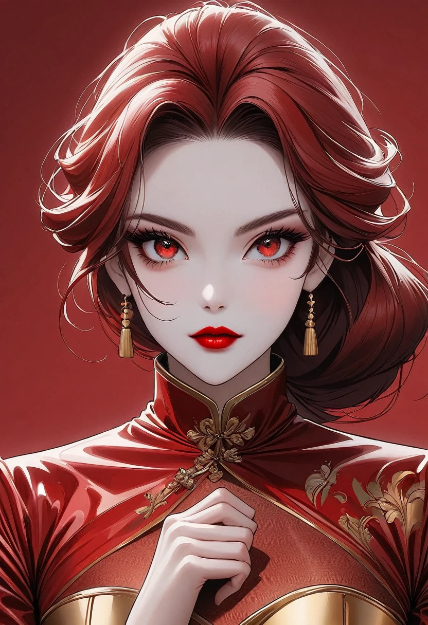 Flat illustration of a fashionable girl, Exaggerated pose,Ruby Red vs Gold Clothes and Hair,The Minimalists art,Pure Klein Red Background, Supremacist style ，Elegant Shanghai woman,beautiful eyes,Long eyelashes,Red lips,Random Shooting,Smooth lines, Pure white background, The Minimalists, Zen, HD