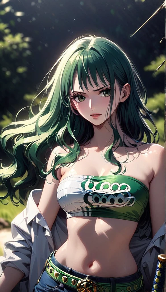 masterpiece, best quality), intricate details, 1 girl, woman, green hair, zoro \ (one piece\), (long hair), shirt, white shirt, female focus, clothes, green colour kimono, sarashi, nature, scenery, upper body, straw hat, ((front view)) ((close up shot)) ((solo)) ((hair over one side of face)) detailed, very high resolution, no blurry image, full body, green eyes, sligh wavy hair, ((zoro from one piece)) ((female zoro from one piece)), holding katana 