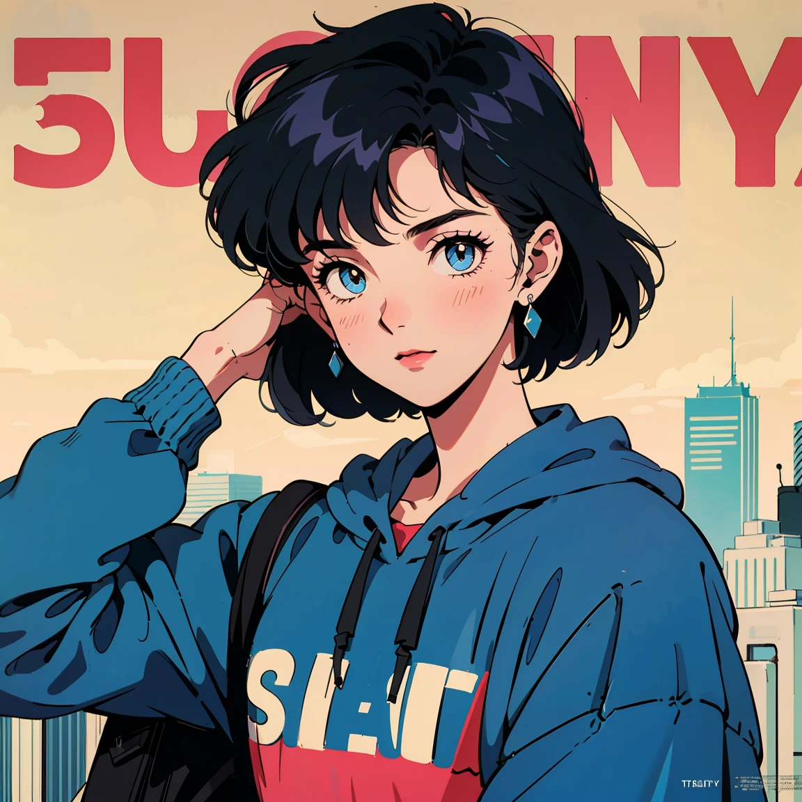 Best image quality, 1980s style animation, 21 year old girl, black hair, Permed hair, bright eyes,  Pretty Eyes, eye line, retro, With a baggy sweatshirt, magazine cover, whole body , city , evening in the park, posing, So sexy, so pretty. 짙은 eye line