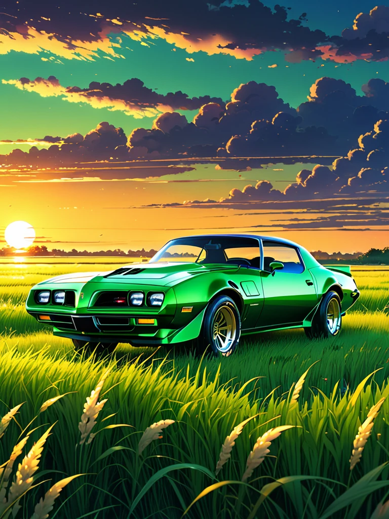 Аниме-пейзаж с изображением классического автомобиля Pontiac Firebird Transam жемчужно-зелёного цвета, стоящего на поле с высокой травой, на заднем плане — закат..красивая аниме-сцена, красивая аниме-сцена мира, Макото Синкай Сирил Роландо, красивая аниме-сцена, удивительные обои, аниме арт обои 8k, аниме фон, artistic аниме фон, Аниме обои 4k, аниме арт 4k обои, аниме обои арт 4k,