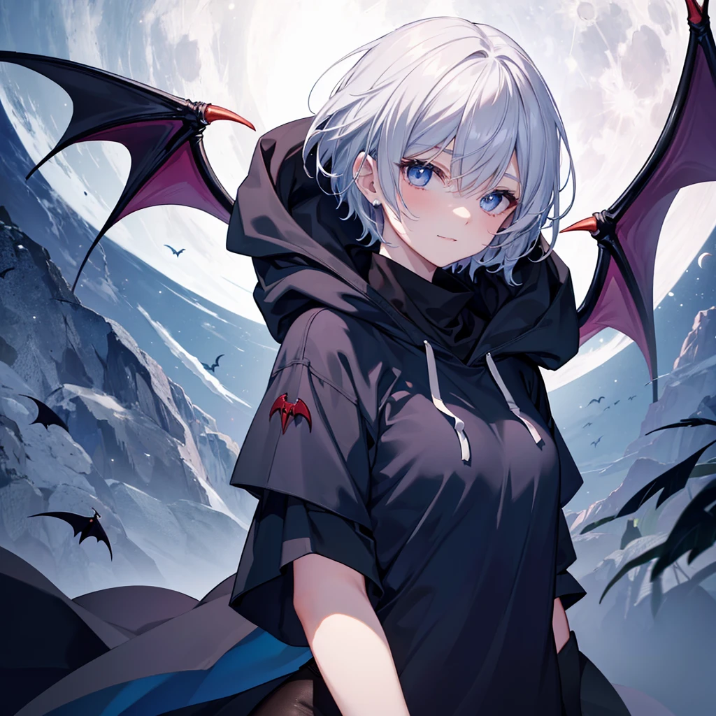 ((((vampire　Inflammation))))　(((Gray Hair　short hair　blue eyes　woman　Center close-up)))，((night　full moon　My own big wings))，(Wearing a hood　Black camisole　Purple light)，　A strained smile　Shining Background　Shining Edges