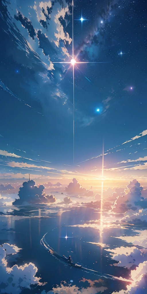 Escenario de anime de una puesta de sol con una estrella y una persona parada en un bote, cielos cósmicos. Puerto Makoto Shinkai, Makoto Shinkai Cirilo Rolando, Makoto Shinkai. —h 2160, ( ( Makoto Shinkai ) ), Estilo de Makoto Shinkai, Makoto Shinkai!, Puerto Makoto Shinkai