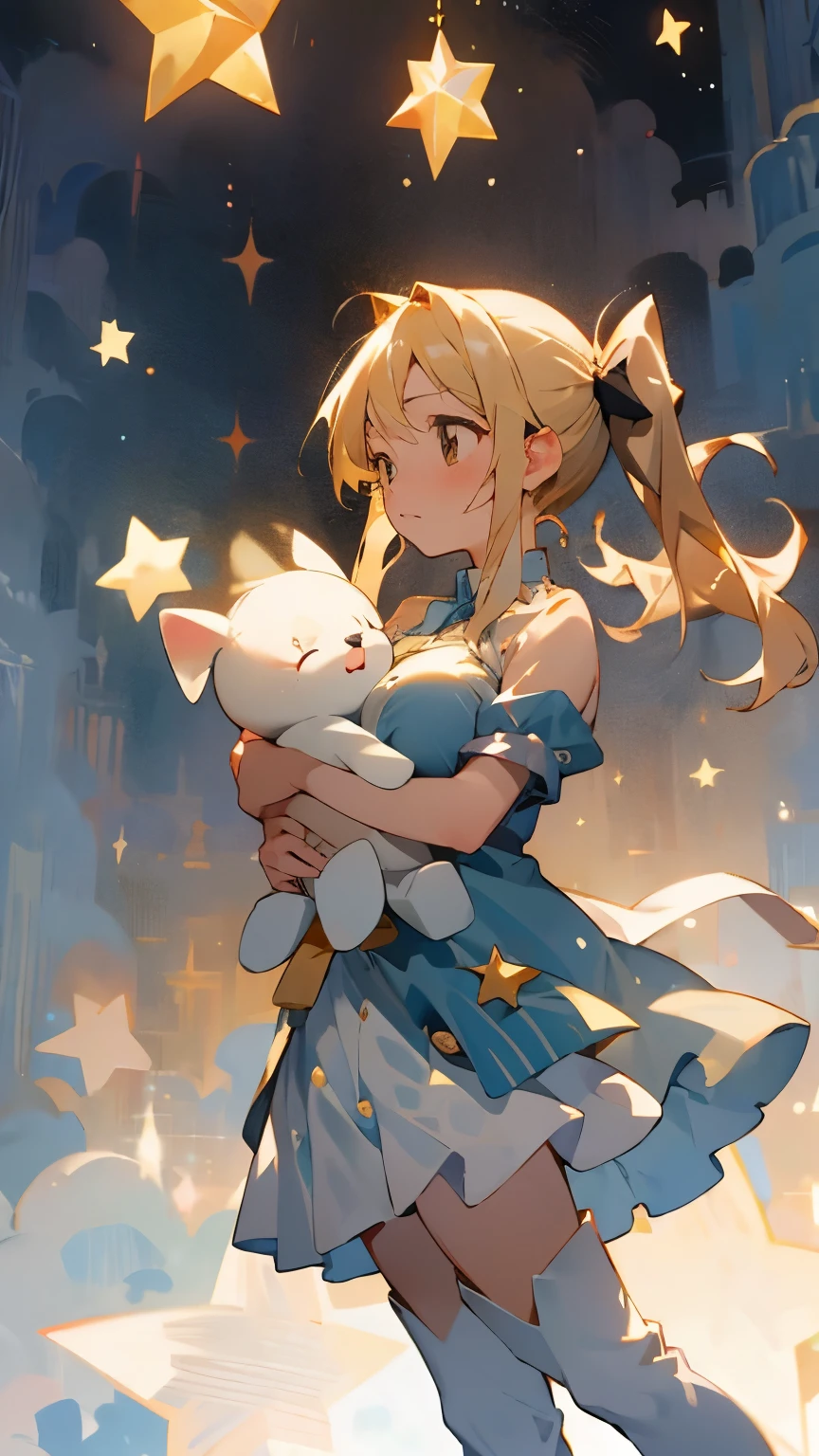 16-year-old girl、One girl,Hug a stuffed animal、白いHug a stuffed animal、Expressionless、Fantastic look、Fairy, Pointed Ears, masterpiece, Highest quality, High resolution, Lucy Heartfilia, Lucy Heartfilia, One girl, alone, Blonde Hair, Brown eyes, Long Hair, Side Ponytail, Hair Ribbon, Big Breasts, Earrings, Thigh-high boots, Blue Shirt, No sleeve, White Skirt, Dark Background, starlight, star,starをすくう、手のひらでstarを救い上げる