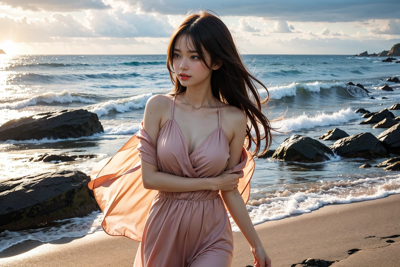 A stunning, cinematic photo of a young, free-spirited woman standing on a secluded beach, with her arms spread wide, embracing the wind and the vast ocean. Her hair dances playfully in the breeze as the waves crash against the rocks behind her. The sky is a breathtaking blend of warm oranges and pinks, with a distant sun casting a golden glow over the scene. The woman's facial expression exudes sheer joy and liberation, symbolizing her unwavering determination to live life on her own terms., photo, cinematic