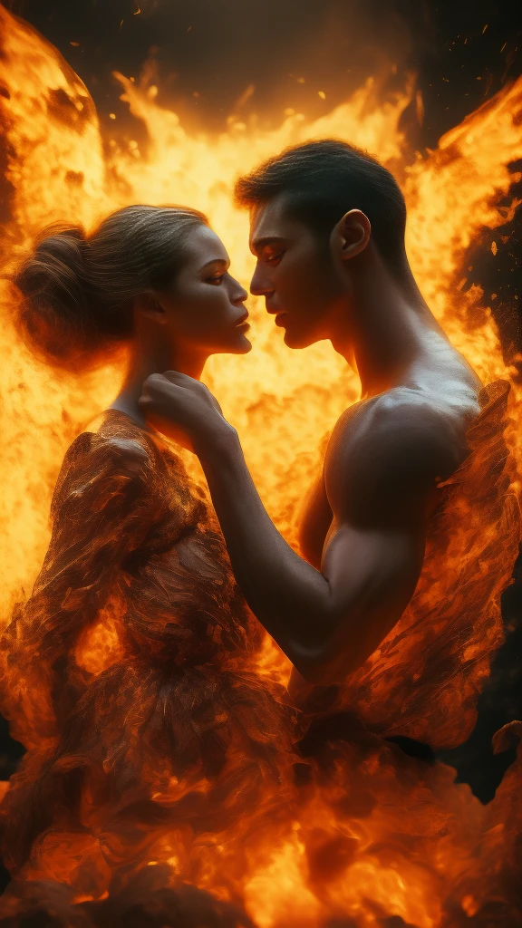 masterpiece，best quality，Extremely detailed，high resolution，1 romantic couple，Flame，Dynamic Scene Scale 1.3，Romantic couple kissing in the fire，Firestorm，on fire，Bizarre fantasy image，Excellent skin texture，Magic Circle，Casting a Spell，strange，Purple strength，strength，fiery，Meteor。