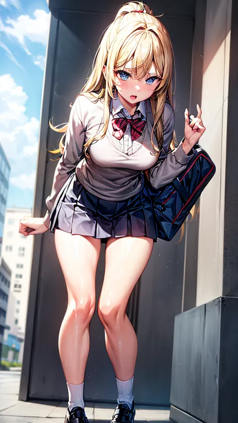 Bully student approaches me with a perverse face as I am a nerd, wearing short skirt, blonde hair, blue eyes, small firm breasts...