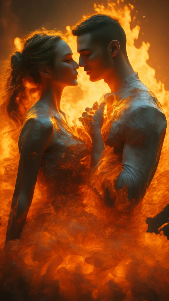 masterpiece，best quality，Extremely detailed，high resolution，1 romantic couple，Flame，Dynamic Scene Scale 1.3，Romantic couple kissing in the fire，Firestorm，on fire，Bizarre fantasy image，Excellent skin texture，Magic Circle，Casting a Spell，strange，Purple strength，strength，fiery，Meteor。