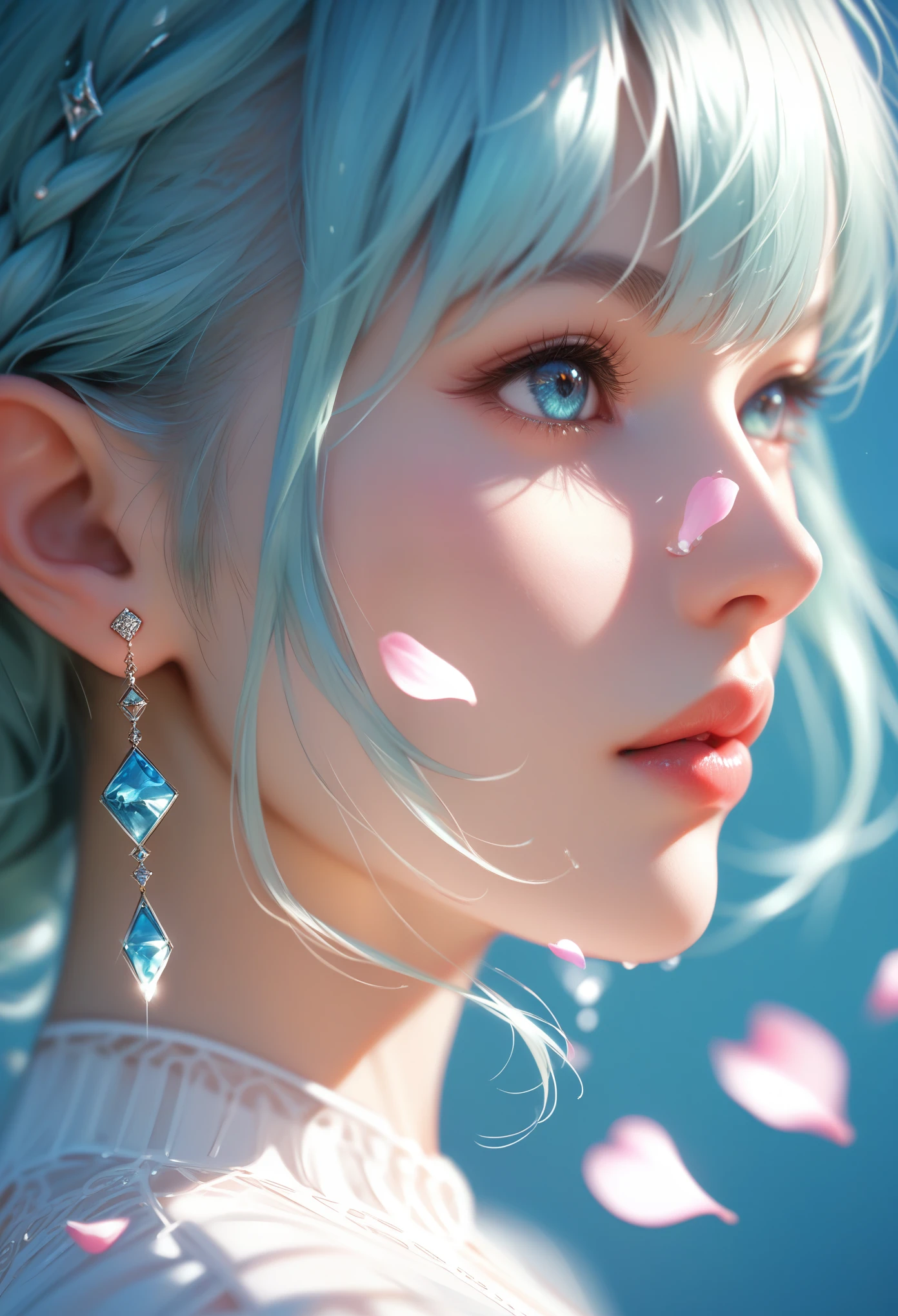 Fraction_9, Fraction_8_Direction_7_up, Girls profile pictures, Long light green hair，With bangs, Light blue petals on cheeks, Realistic skin texture, detailed picture, close-up, HD32k