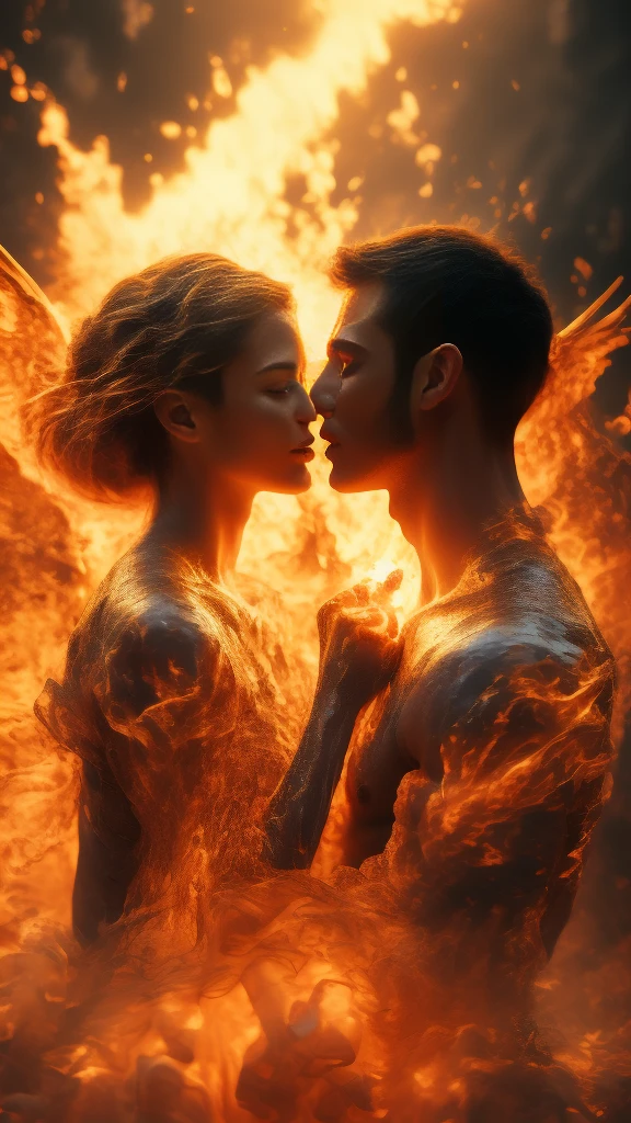 chef-d&#39;œuvre，Meilleure qualité，extrêmement détaillé，haute résolution，1 couple romantique，flamme，Échelle de scène dynamique 1.3，Couple romantique s&#39;embrassant dans le feu，tempête de feu，en feu，Image fantastique bizarre，excellente texture de peau，cercle magique，jeter un sort，étrange，紫色force，force，ardent，météore。