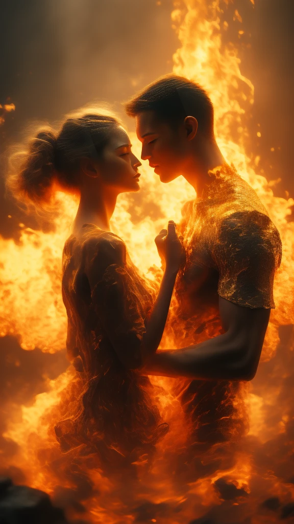 masterpiece，best quality，Extremely detailed，high resolution，1 romantic couple，Flame，Dynamic Scene Scale 1.3，Romantic couple kissing in the fire，Firestorm，on fire，Bizarre fantasy image，Excellent skin texture，Magic Circle，Casting a Spell，strange，Purple strength，strength，fiery，Meteor。