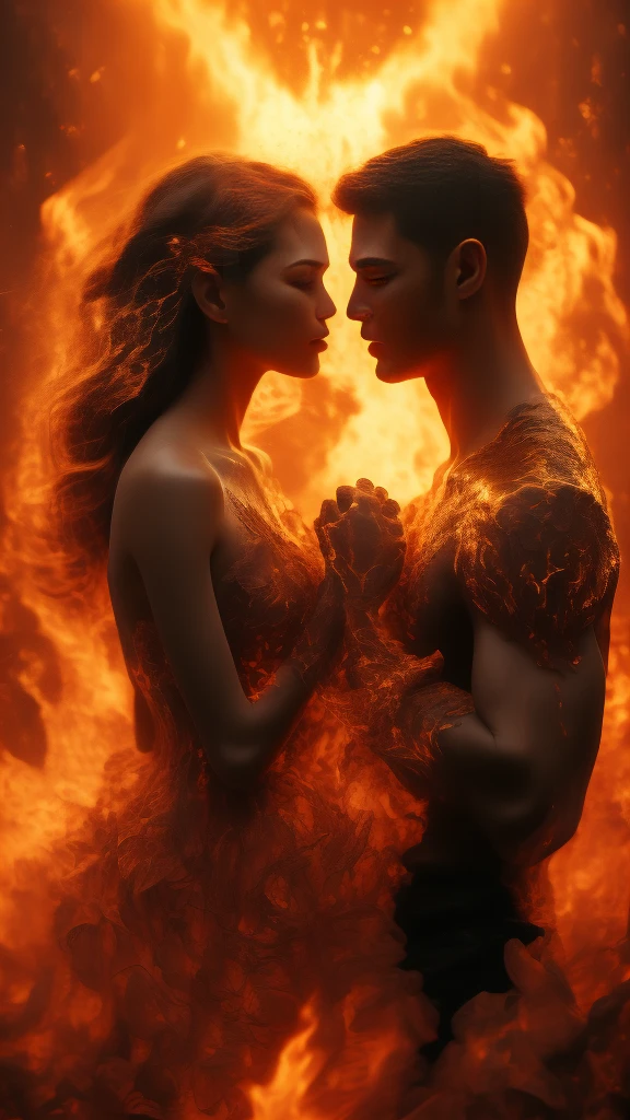 masterpiece，best quality，Extremely detailed，high resolution，1 romantic couple，Flame，Dynamic Scene Scale 1.3，Romantic couple kissing in the fire，Firestorm，on fire，Bizarre fantasy image，Excellent skin texture，Magic Circle，Casting a Spell，strange，Purple strength，strength，fiery，Meteor。