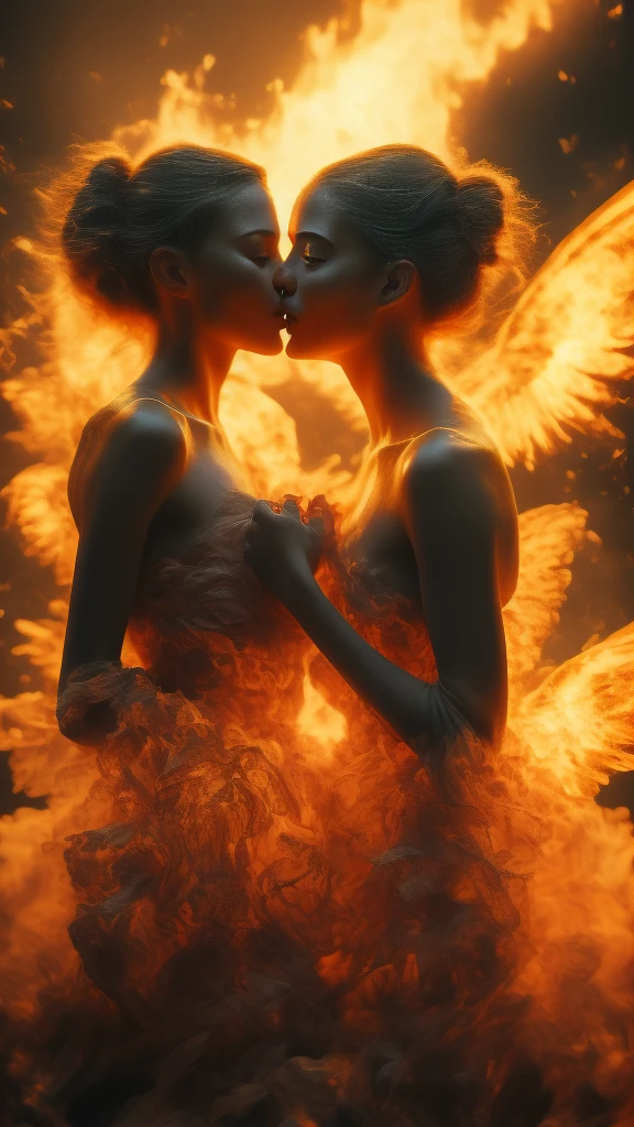 masterpiece，best quality，Extremely detailed，high resolution，1 romantic couple，Flame，Dynamic Scene Scale 1.3，Romantic couple kissing in the fire，Firestorm，on fire，Bizarre fantasy image，Excellent skin texture，Magic Circle，Casting a Spell，strange，Purple strength，strength，fiery，Meteor。