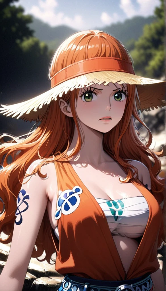masterpiece, best quality), intricate details, 1 girl, woman, green hair, nami \ (one piece\), (long hair), shirt, white shirt, female focus, clothes, orange colour kimono, sarashi, nature, scenery, upper body, straw hat, ((front view)) ((close up shot)) ((solo)) ((hair over one side of face)) detailed, very high resolution, no blurry image, full body, green eyes, sligh wavy hair, ((nami from one piece)) ((female nami from one piece)), holding katana 
