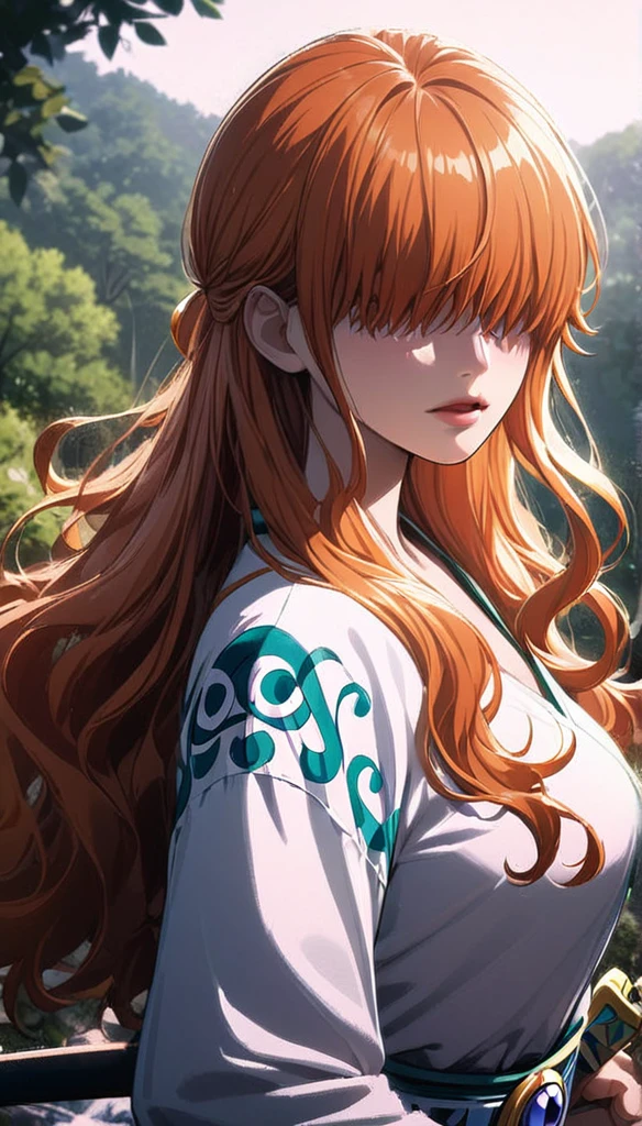 masterpiece, best quality), intricate details, 1 girl, woman, green hair, nami \ (one piece\), (long hair), shirt, white shirt, female focus, clothes, orange colour kimono, nature, scenery, upper body, ((front view)) ((close up shot)) ((solo)) ((hair over eyes)) detailed, very high resolution, no blurry image, full body, orange eyes, sligh wavy hair, ((nami from one piece)) ((female nami from one piece)), holding katana 