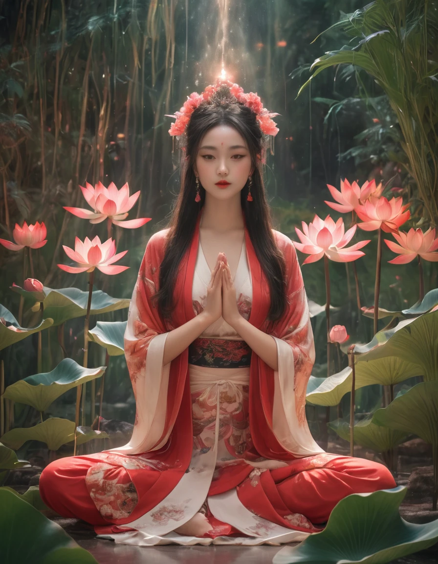 Full-body front view of a courtesan in lotus position，Praying with palms together、Anatomically correct,born, Cinematic shots, (Sharp focus:1.5), (Realistic:1.4), dusk lighting, Volumetric lighting, Ultra-high resolution, 16K,Dramatic lighting, Abstract background：1.5）（Tangleた，Datura stramonium，Holding a heart light in your hand、Tangle，Intertwined：0.7）witch，Red kimono, Foxfire spells, conversion, Depth of written boundary, A fantastic atmosphere, The most beautiful form of chaos, Elegance, Fauvist Design Dark Theme, flowers of death, flowers of ecstasy，Glowing Lines,Glow Example，Tracking example，flash， Backlight，translucent，Particles of light,hill，exit