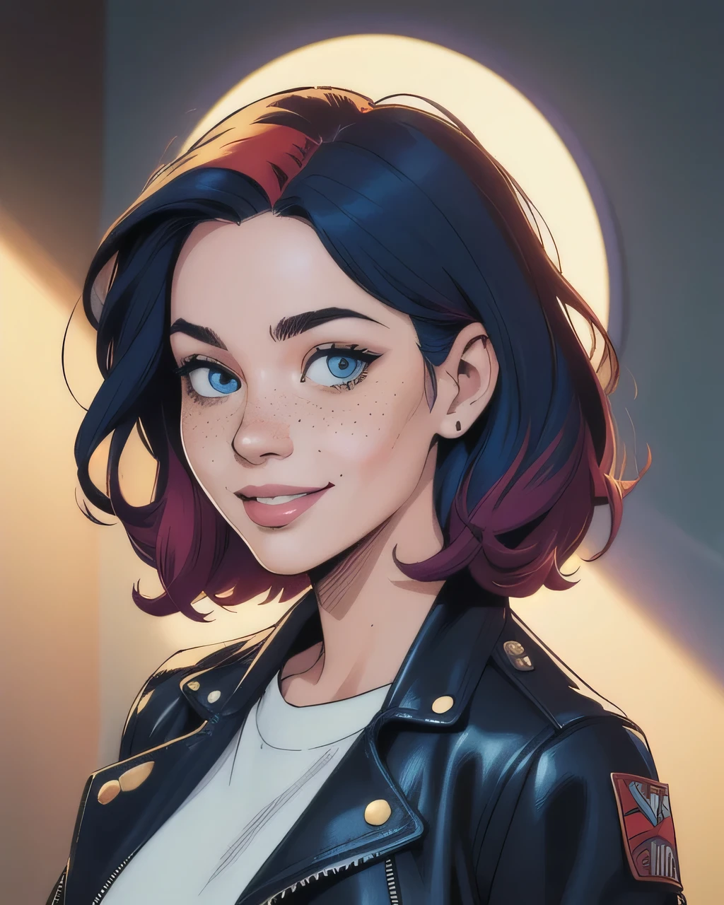 A drawing of a woman with blue eyes and a leather jacket - SeaArt AI