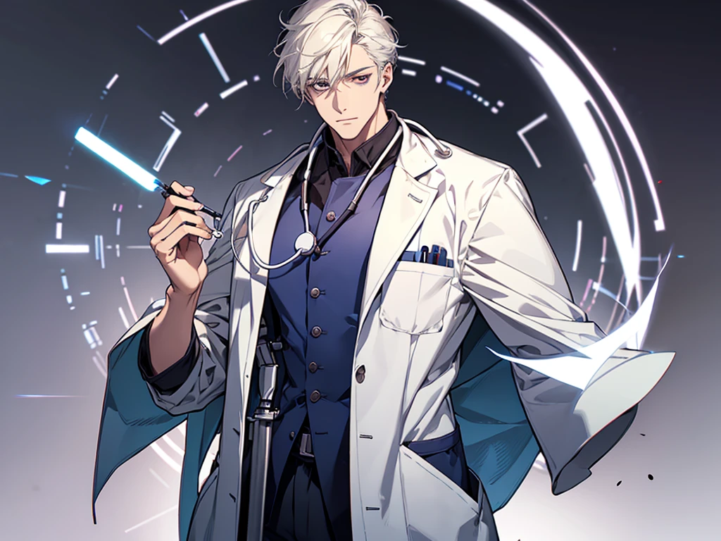 1 Mann, trägt weiße Arzt-Outfit mit Stethoskop um den Hals, Stehen, von Angesicht zu Detail, detaillierte Augen, perfekte Hände, Ganzkörperabbildung, der Hintergrund ist im Krankenhaus