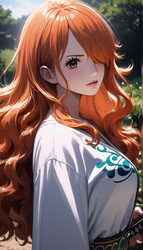 masterpiece, best quality), intricate details, 1 girl, woman, orange hair, nami \ (one piece\), (long hair), shirt, white shirt,...