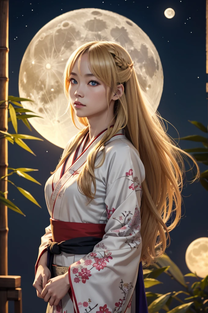 the character wears a traditional kimono, a full moon behind her, and her arms are out to her sides, 1girl, moon, solo, night, long hair, full moon, blue eyes, bamboo, looking at viewer, japanese clothes, blonde hair