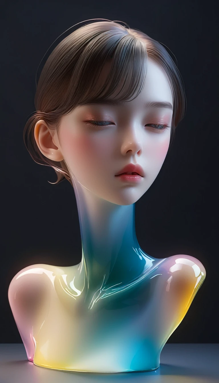 3D portrait sculptures are placed on the central stand，simple，Minimalism，beautiful girl，Soft and elegant colors，Colored glass transparent，Dark background，Luminescence