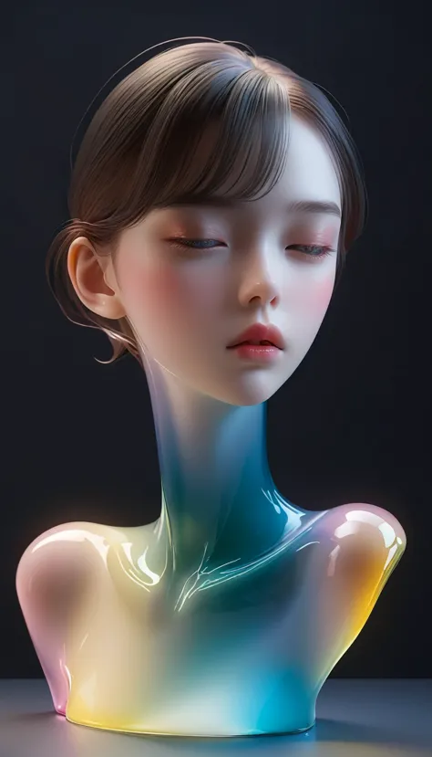 3D portrait sculptures are placed on the central stand，simple，Minimalism，beautiful girl，Soft and elegant colors，Colored glass tr...