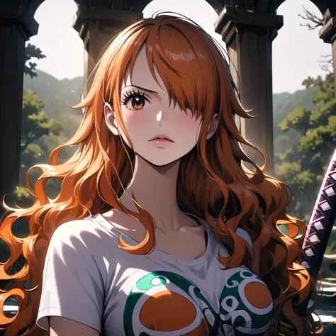 masterpiece, best quality), intricate details, 1 girl, woman, orange hair, nami \ (one piece\), (long hair), shirt, white shirt,...